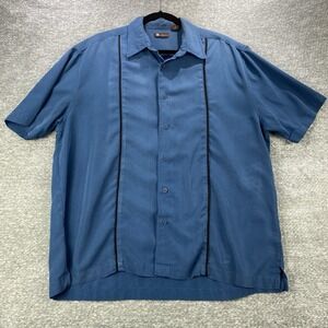 Centro Men's Size XL‎ Blue w Black Embroidery Button Down Short Sleeve Shirt